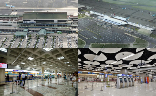 사진 위 왼쪽부터 시계방향으로 국내선터미널 전경(리모델링 전), 국내선터미널 조감도(리모델링 후), 2층 일반대합실(리모델링 후), 2층 일반대합실(리모델링 전)/ 사진=국토부